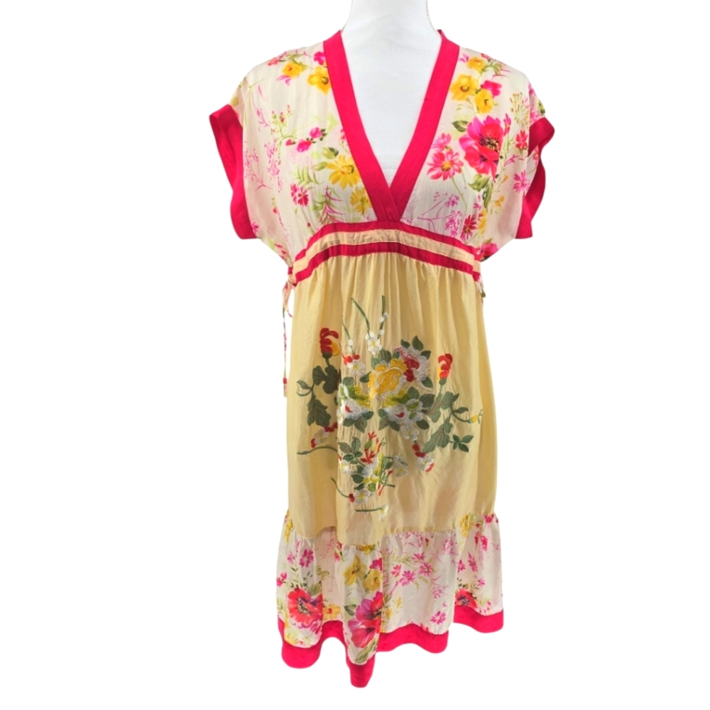 Johnny Was 100% Silk Dress Size XS in Yellow & Pink Floral *Flawed*